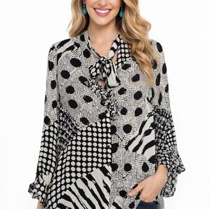 Love Johnny Was Top 100% Silk Sz M Dots Button Artsy Lagenlook